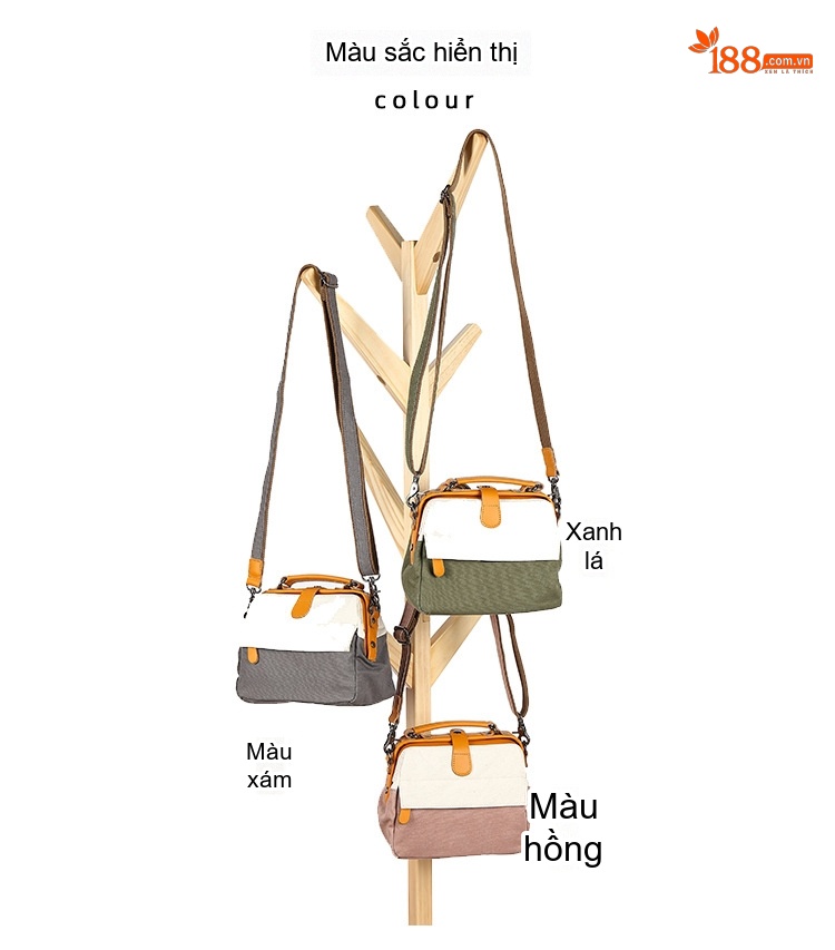 Túi Xách Tay Nữ Vải Canvas Da Thật Đeo Chéo Chống Nước Màu Be, Xanh Rêu chi tiết 5