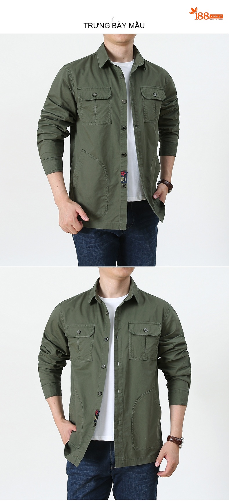 Áo Khoác Nam Cotton Dáng Suông Nhiều Túi Màu Xanh Rêu, Đen, Be, Trắng Kem chi tiết 5