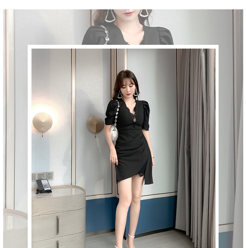 Váy Đầm Nữ Tay Phồng Cổ chữ V Ren Phong Cách Hepburn Màu Đen chi tiết 1