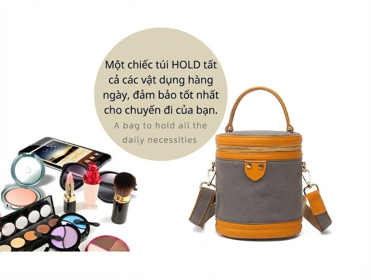Túi Đeo Chéo Nữ Vải Canvas Da Thật Túi Xách Tay Hình Trụ Màu Trắng, Hồng, Xám, Đen... chi tiết 14