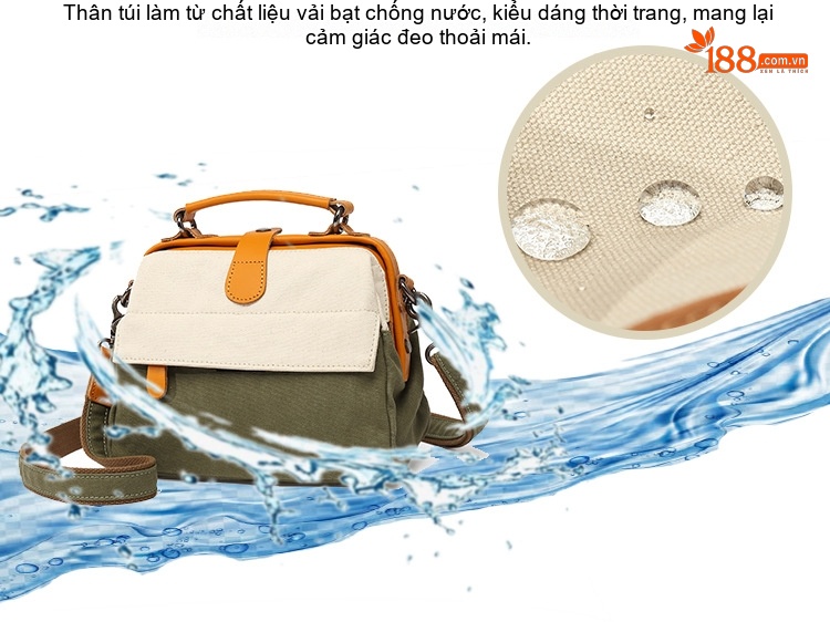 Túi Xách Tay Nữ Vải Canvas Da Thật Đeo Chéo Chống Nước Màu Be, Xanh Rêu chi tiết 2
