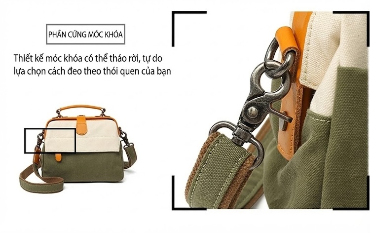 Túi Xách Tay Nữ Vải Canvas Da Thật Đeo Chéo Chống Nước Màu Be, Xanh Rêu chi tiết 9
