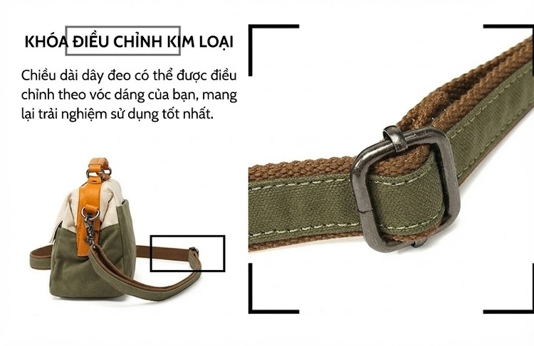 Túi Xách Tay Nữ Vải Canvas Da Thật Đeo Chéo Chống Nước Màu Be, Xanh Rêu chi tiết 11