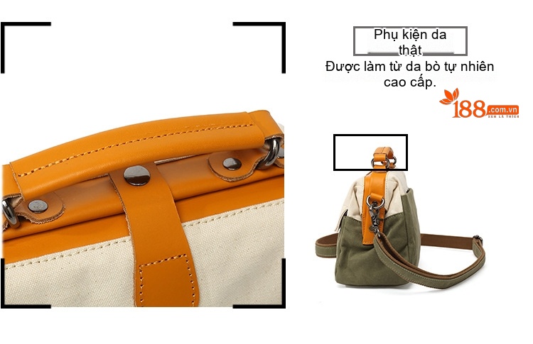 Túi Xách Tay Nữ Vải Canvas Da Thật Đeo Chéo Chống Nước Màu Be, Xanh Rêu chi tiết 10