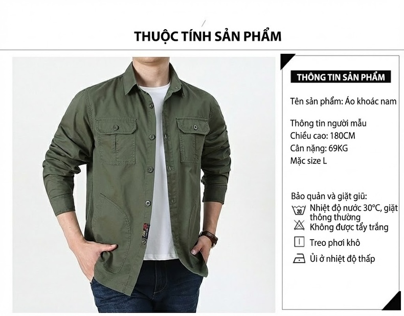 Áo Khoác Nam Cotton Dáng Suông Nhiều Túi Màu Xanh Rêu, Đen, Be, Trắng Kem chi tiết 3