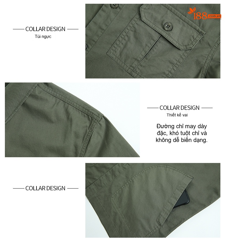 Áo Khoác Nam Cotton Dáng Suông Nhiều Túi Màu Xanh Rêu, Đen, Be, Trắng Kem chi tiết 14