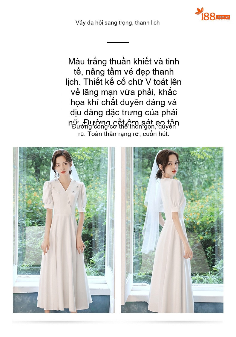 Váy Đầm Dự Tiệc dáng chữ A Cổ chữ V Chữ Tay Ngắn Phong Cách Hepburn Màu Trắng, Đỏ chi tiết 2
