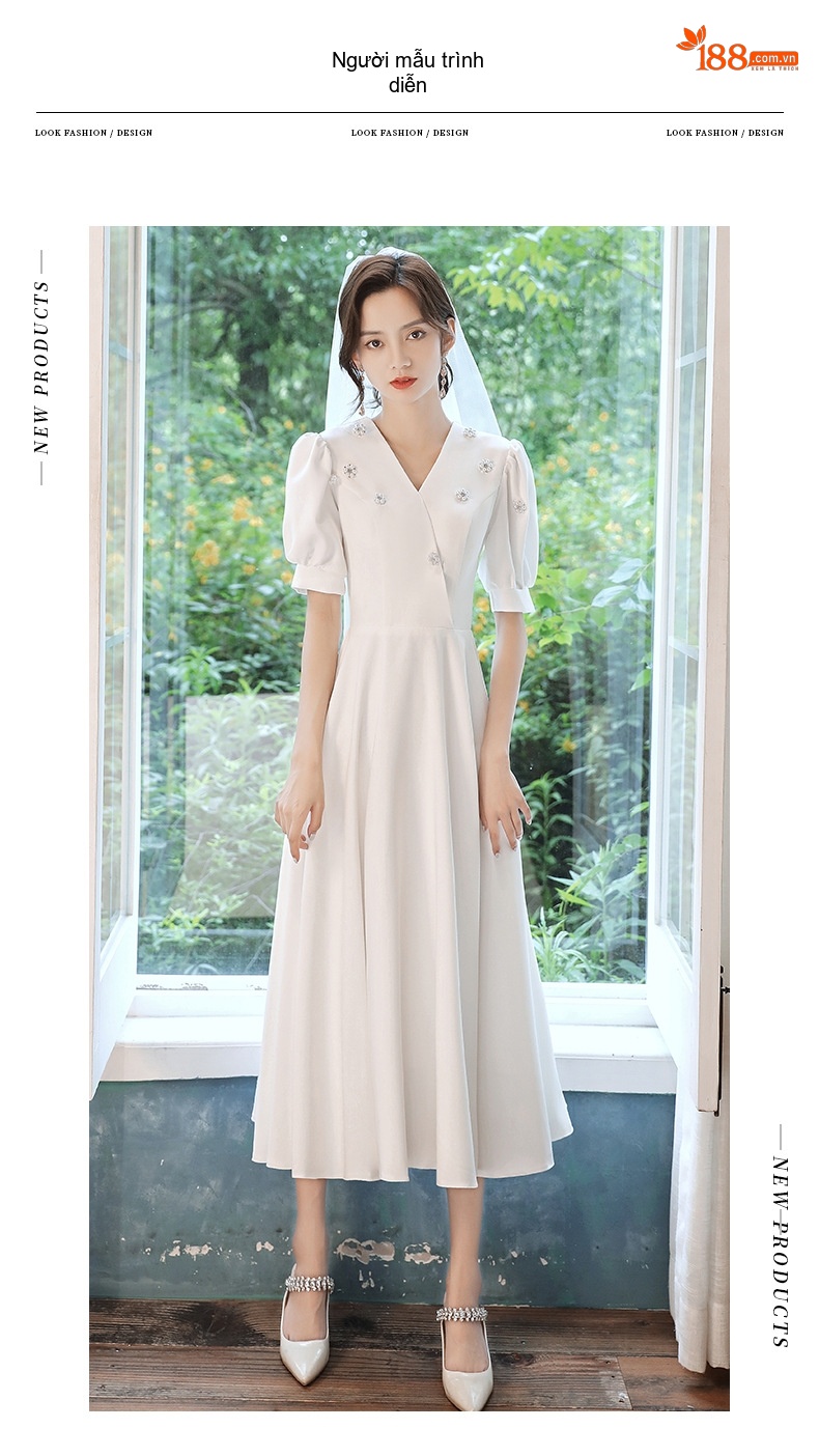 Váy Đầm Dự Tiệc dáng chữ A Cổ chữ V Chữ Tay Ngắn Phong Cách Hepburn Màu Trắng, Đỏ chi tiết 5