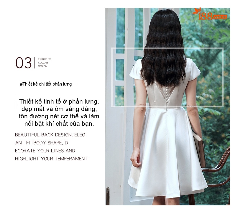 Váy Dự Tiệc Ngắn Tay Bồng Cổ Chữ V Thanh Lịch Màu Trắng chi tiết 6