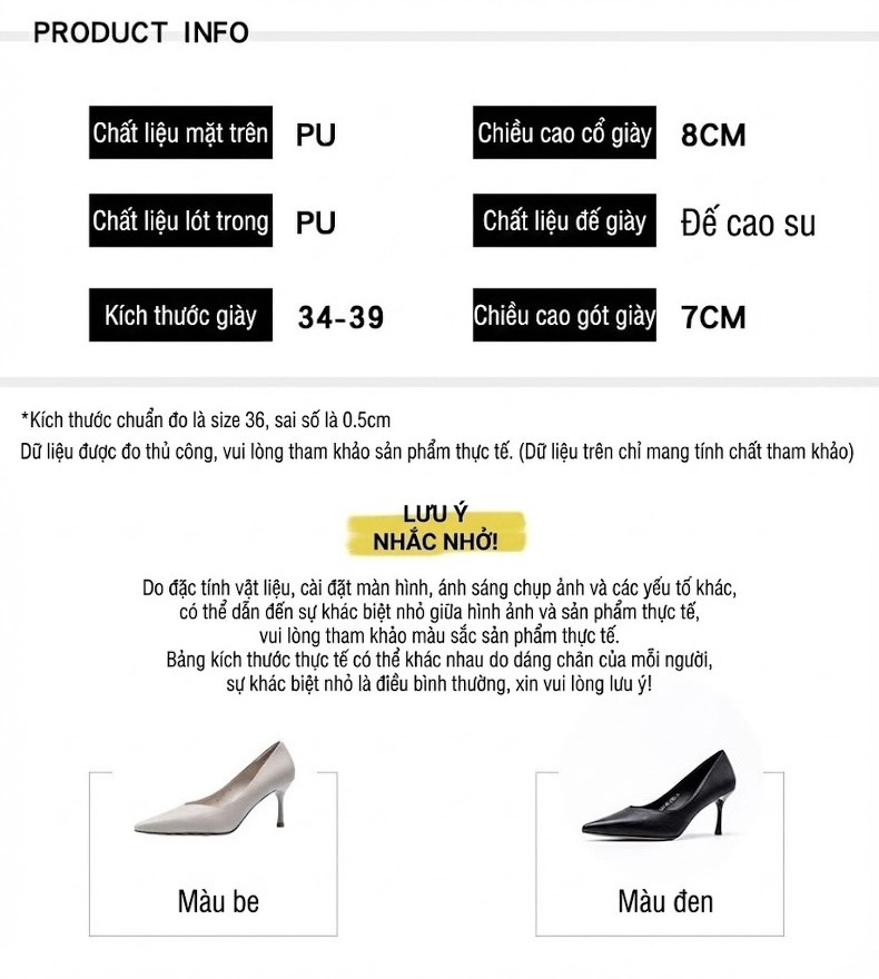Giày Cao Gót Nữ Mũi Nhọn Da Mềm Chiều Cao Đế Khoảng 7cm Màu Đen, Trắng chi tiết 10