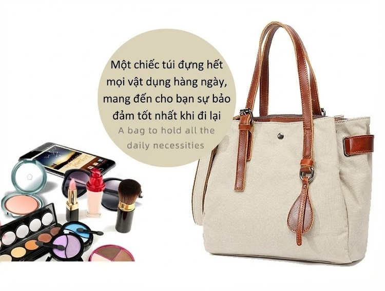Túi Xách Tay Nữ Vải Canvas Chống Nước Đeo Chéo Da Thật Túi Đeo Vai Màu Kem, Nâu, Đen, Nâu Đất... chi tiết 14