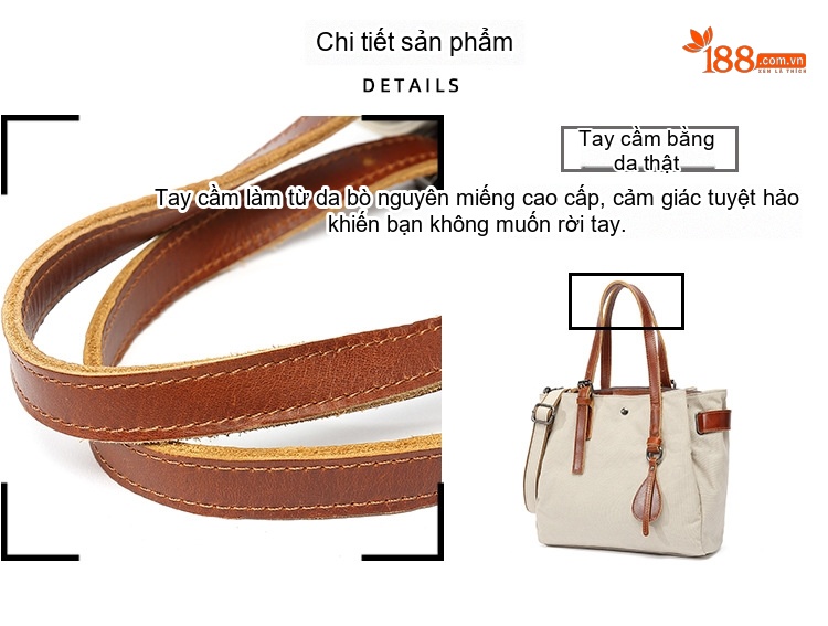 Túi Xách Tay Nữ Vải Canvas Chống Nước Đeo Chéo Da Thật Túi Đeo Vai Màu Kem, Nâu, Đen, Nâu Đất... chi tiết 9
