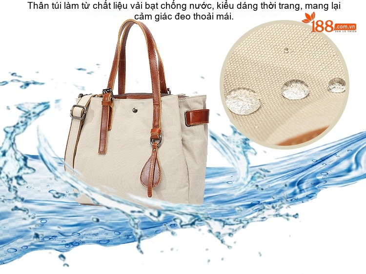 Túi Xách Tay Nữ Vải Canvas Chống Nước Đeo Chéo Da Thật Túi Đeo Vai Màu Kem, Nâu, Đen, Nâu Đất... chi tiết 2