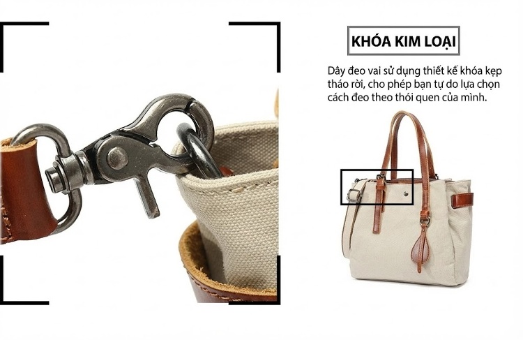 Túi Xách Tay Nữ Vải Canvas Chống Nước Đeo Chéo Da Thật Túi Đeo Vai Màu Kem, Nâu, Đen, Nâu Đất... chi tiết 11