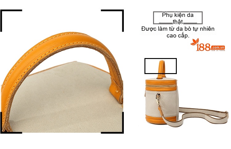 Túi Đeo Chéo Nữ Vải Canvas Da Thật Túi Xách Tay Hình Trụ Màu Trắng, Hồng, Xám, Đen... chi tiết 11