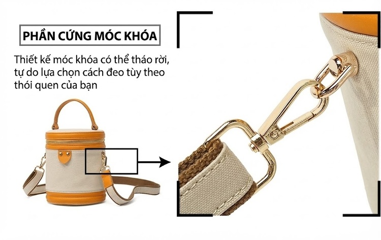 Túi Đeo Chéo Nữ Vải Canvas Da Thật Túi Xách Tay Hình Trụ Màu Trắng, Hồng, Xám, Đen... chi tiết 10