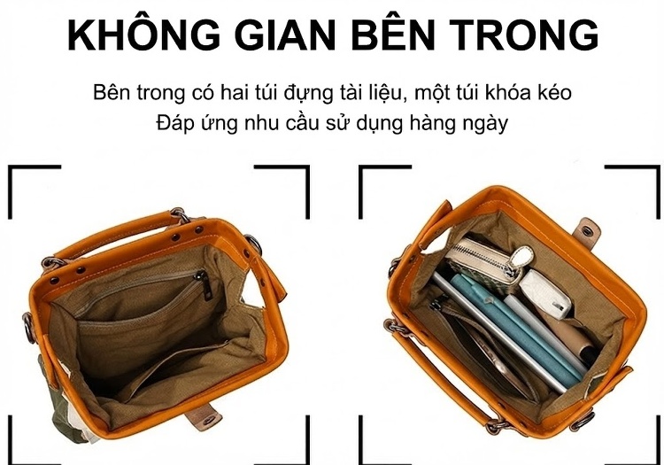Túi Xách Tay Nữ Vải Canvas Da Thật Đeo Chéo Chống Nước Màu Be, Xanh Rêu chi tiết 12
