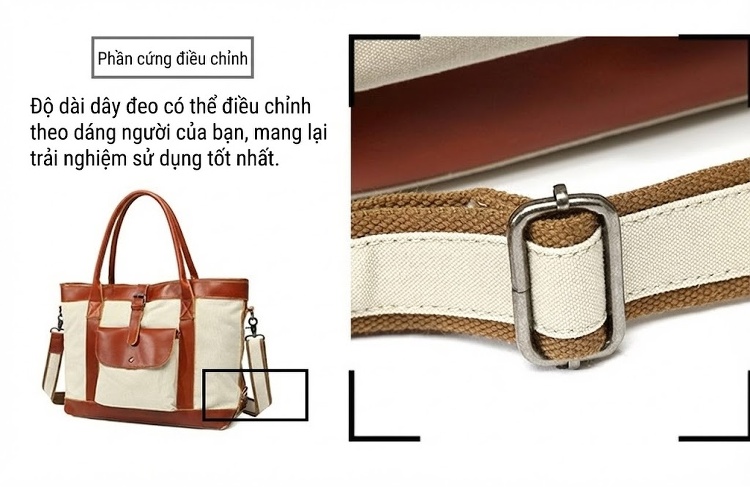 Túi Tote Vải Canvas Đựng Vừa A4, Túi Xách Tay, Túi Đeo Vai, Túi Đeo Chéo Nữ Sức Chứa Lớn Màu Trắng Kem, Nâu, Xám, Đen... chi tiết 12