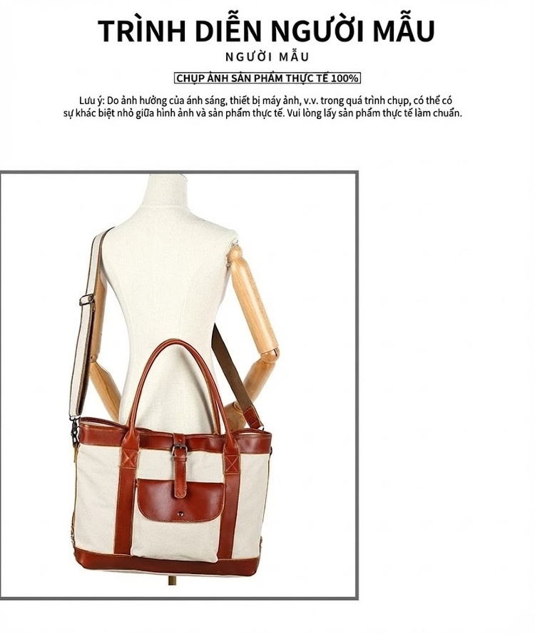Túi Tote Vải Canvas Đựng Vừa A4, Túi Xách Tay, Túi Đeo Vai, Túi Đeo Chéo Nữ Sức Chứa Lớn Màu Trắng Kem, Nâu, Xám, Đen... chi tiết 3