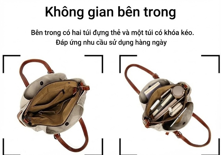 Túi Xách Tay Nữ Vải Canvas Chống Nước Đeo Chéo Da Thật Túi Đeo Vai Màu Kem, Nâu, Đen, Nâu Đất... chi tiết 13