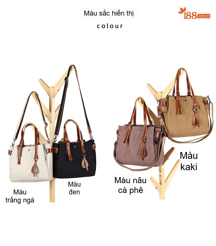Túi Xách Tay Nữ Vải Canvas Chống Nước Đeo Chéo Da Thật Túi Đeo Vai Màu Kem, Nâu, Đen, Nâu Đất... chi tiết 4
