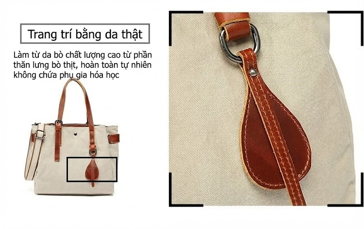 Túi Xách Tay Nữ Vải Canvas Chống Nước Đeo Chéo Da Thật Túi Đeo Vai Màu Kem, Nâu, Đen, Nâu Đất... chi tiết 10