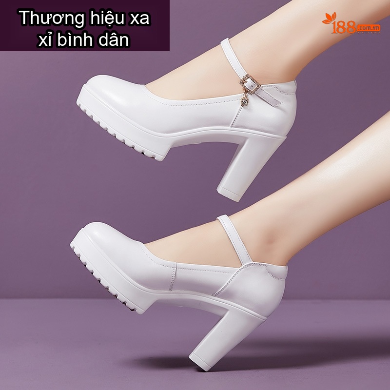 Giày Cao Gót Nữ Quai Ngang Da Bóng Mũi Tròn Chiều Cao Đế Khoảng 7cm Màu Trắng, Đen, Đỏ, Bạc...