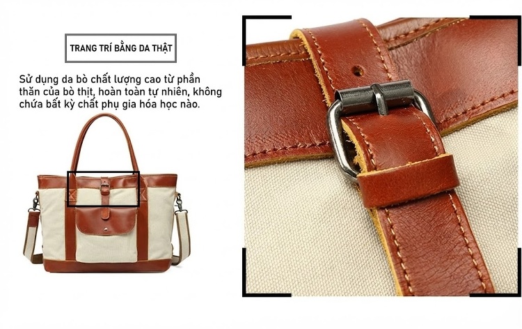 Túi Tote Vải Canvas Đựng Vừa A4, Túi Xách Tay, Túi Đeo Vai, Túi Đeo Chéo Nữ Sức Chứa Lớn Màu Trắng Kem, Nâu, Xám, Đen... chi tiết 10