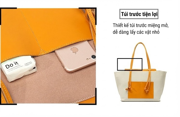 Túi Xách Tay Nữ Vải Canvas Da Thật Màu Be, Trắng, Xám, Đen... chi tiết 12
