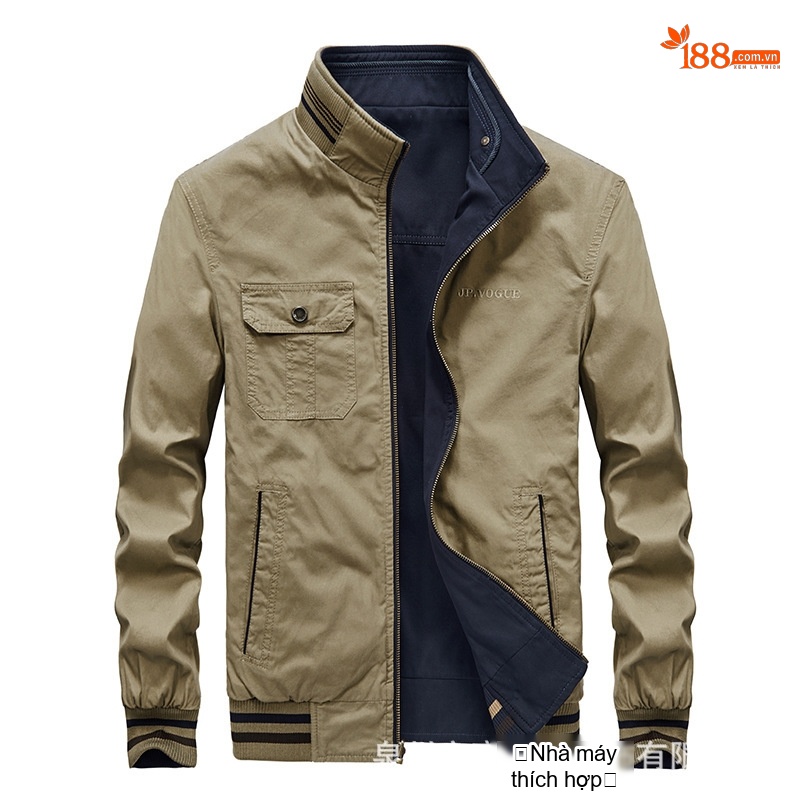 Áo Khoác Bomber Nam Dáng Đứng Lót Hai Mặt Giặt Nước Màu Xanh Navy, Xanh Rêu, Kem