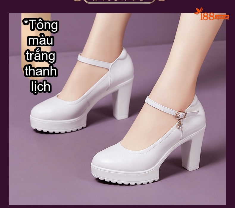Giày Cao Gót Nữ Quai Ngang Da Bóng Mũi Tròn Chiều Cao Đế Khoảng 7cm Màu Trắng, Đen, Đỏ, Bạc... chi tiết 7