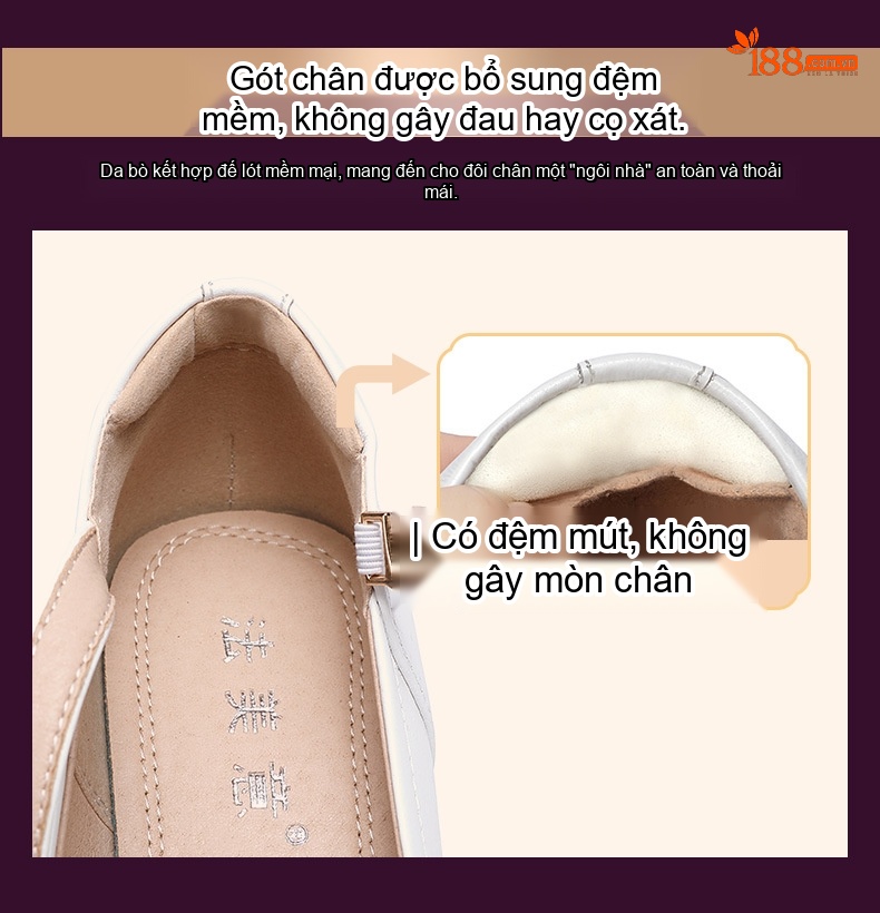 Giày Cao Gót Nữ Quai Ngang Da Bóng Mũi Tròn Chiều Cao Đế Khoảng 7cm Màu Trắng, Đen, Đỏ, Bạc... chi tiết 5
