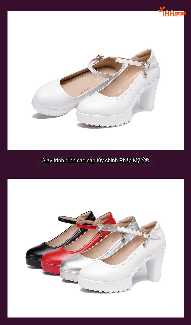 Giày Cao Gót Nữ Quai Ngang Da Bóng Mũi Tròn Chiều Cao Đế Khoảng 7cm Màu Trắng, Đen, Đỏ, Bạc... chi tiết 14