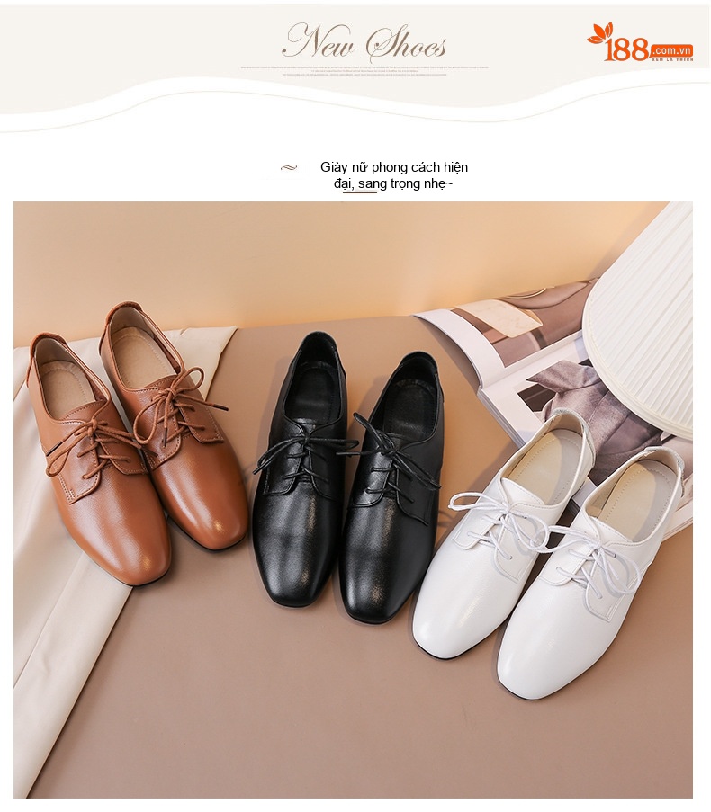 Giày Oxford Nữ Da Thật Buộc Dây Chiều Cao Đế Khoảng 2cm Màu Nâu, Đen, Trắng chi tiết 5