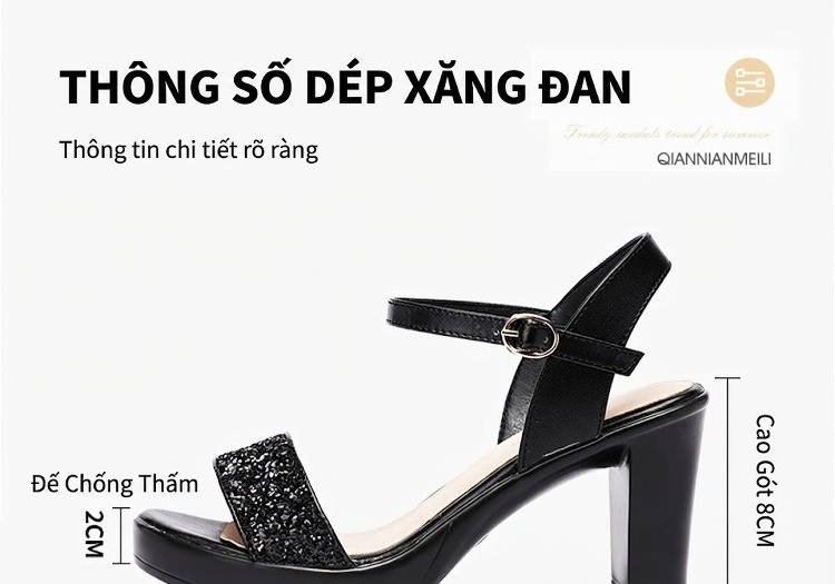 Giày Sandal Cao Gót Nữ Quai Ngang Đế Xuồng Gót Cao 8cm Màu Đen, Bạc, Vàng chi tiết 3