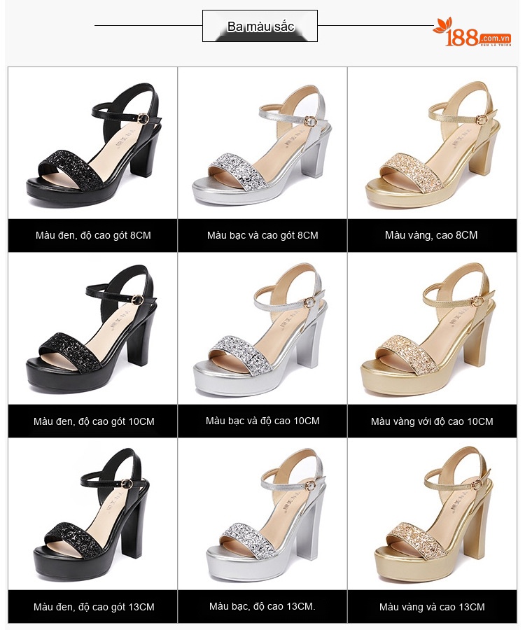 Giày Sandal Cao Gót Nữ Quai Ngang Đế Xuồng Gót Cao 8cm Màu Đen, Bạc, Vàng chi tiết 4