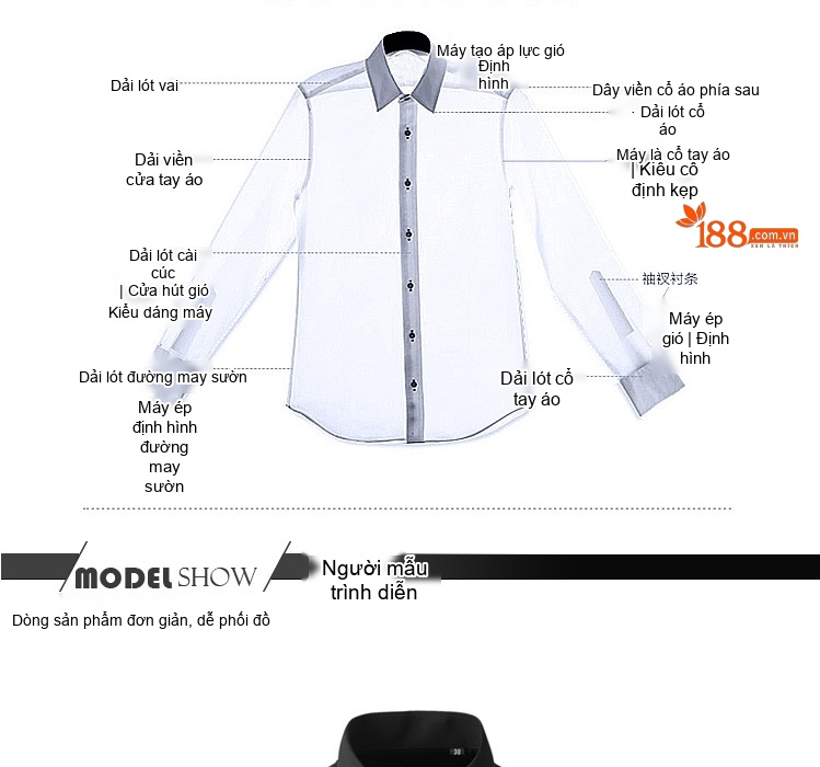 Áo Sơ Mi Nam Tay Dài Cotton Thêu Họa Tiết Vương Miện Màu Đen, Xanh Dương, Trắng, Xanh Nhạt... chi tiết 4