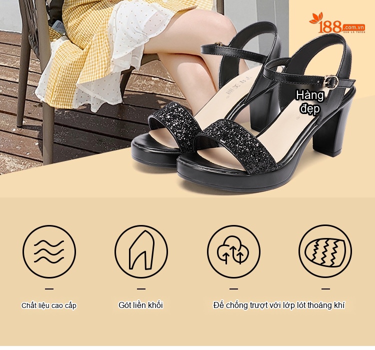 Giày Sandal Cao Gót Nữ Quai Ngang Đế Xuồng Gót Cao 8cm Màu Đen, Bạc, Vàng chi tiết 6