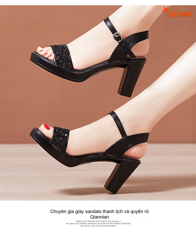Giày Sandal Cao Gót Nữ Quai Ngang Đế Xuồng Gót Cao 8cm Màu Đen, Bạc, Vàng chi tiết 10