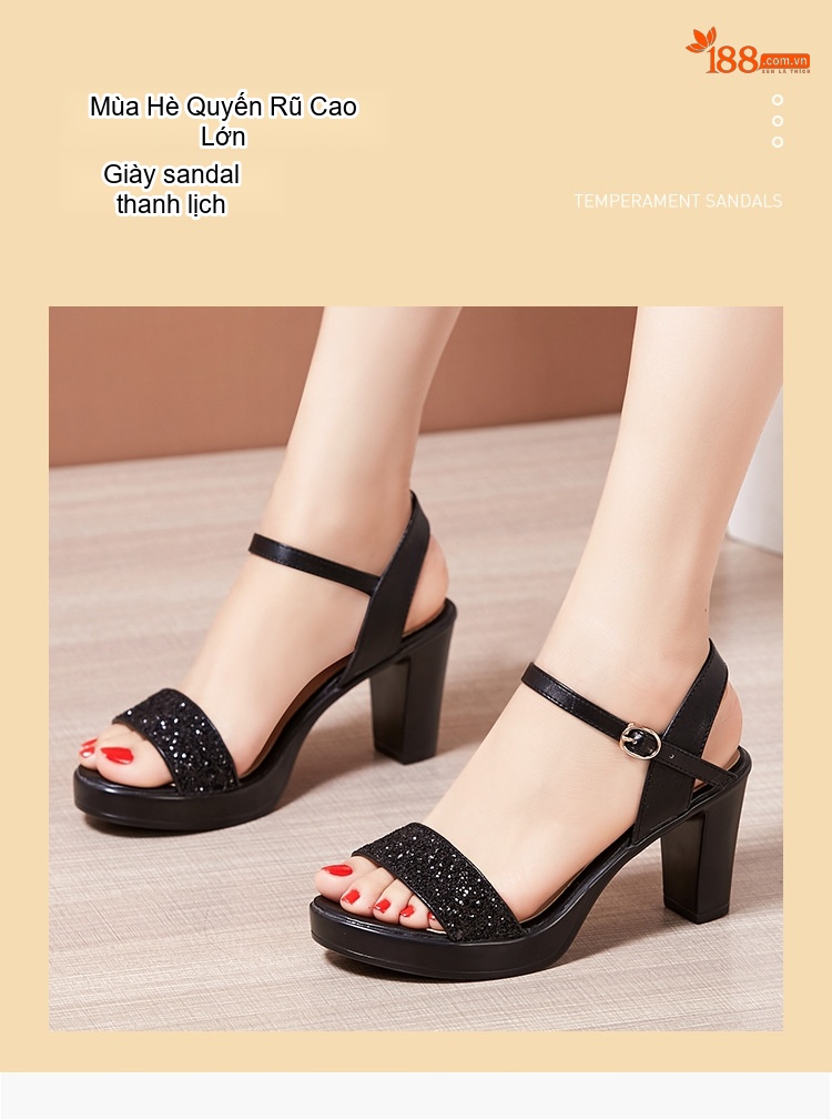 Giày Sandal Cao Gót Nữ Quai Ngang Đế Xuồng Gót Cao 8cm Màu Đen, Bạc, Vàng chi tiết 2