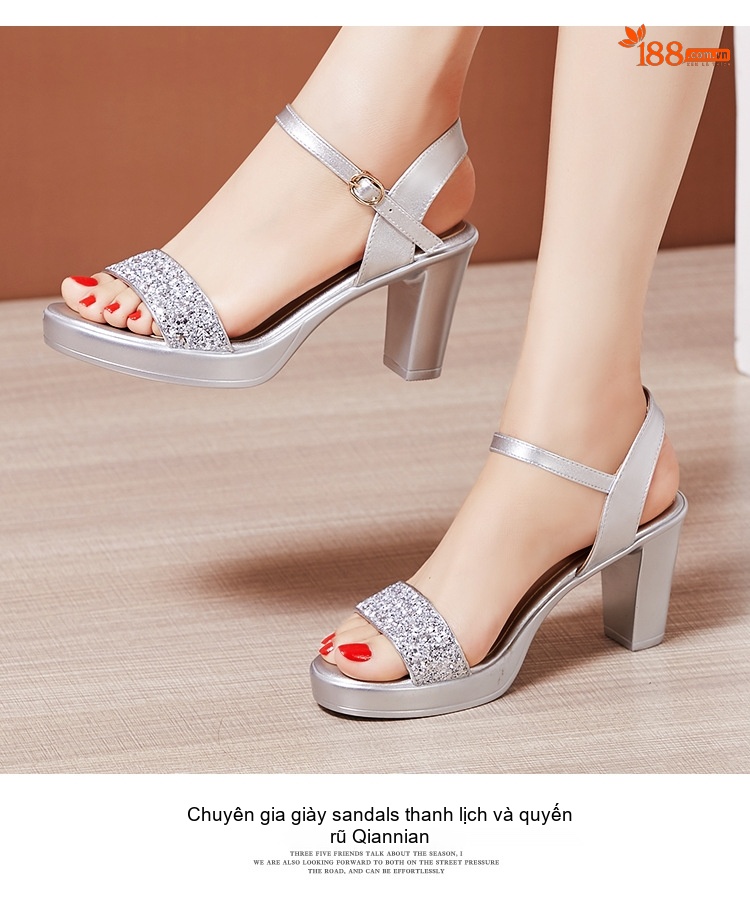 Giày Sandal Cao Gót Nữ Quai Ngang Đế Xuồng Gót Cao 8cm Màu Đen, Bạc, Vàng chi tiết 12