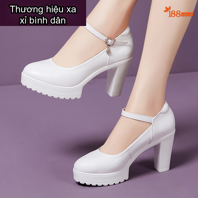 Giày Cao Gót Nữ Quai Ngang Da Bóng Mũi Tròn Chiều Cao Đế Khoảng 7cm Màu Trắng, Đen, Đỏ, Bạc...