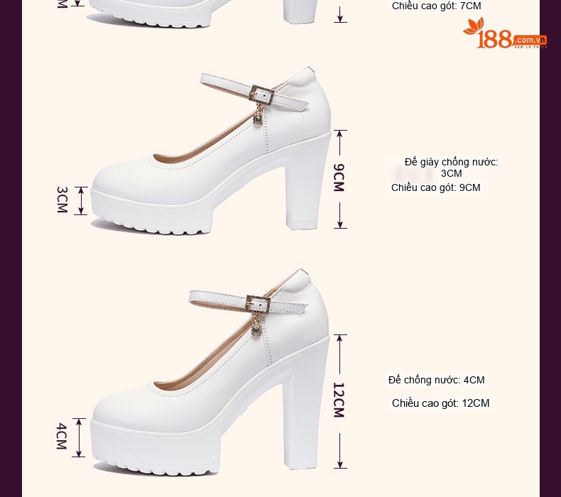 Giày Cao Gót Nữ Quai Ngang Da Bóng Mũi Tròn Chiều Cao Đế Khoảng 7cm Màu Trắng, Đen, Đỏ, Bạc... chi tiết 6