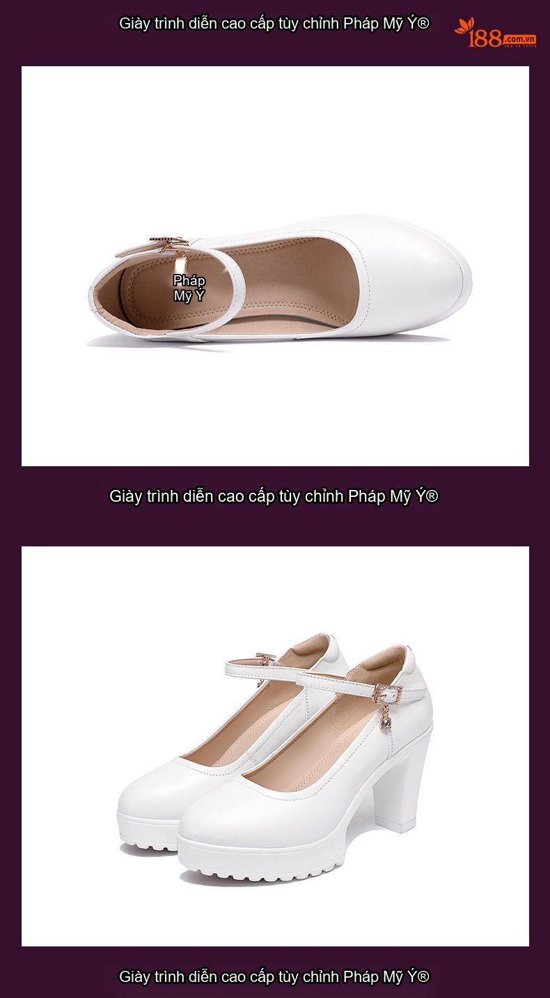 Giày Cao Gót Nữ Quai Ngang Da Bóng Mũi Tròn Chiều Cao Đế Khoảng 7cm Màu Trắng, Đen, Đỏ, Bạc... chi tiết 13
