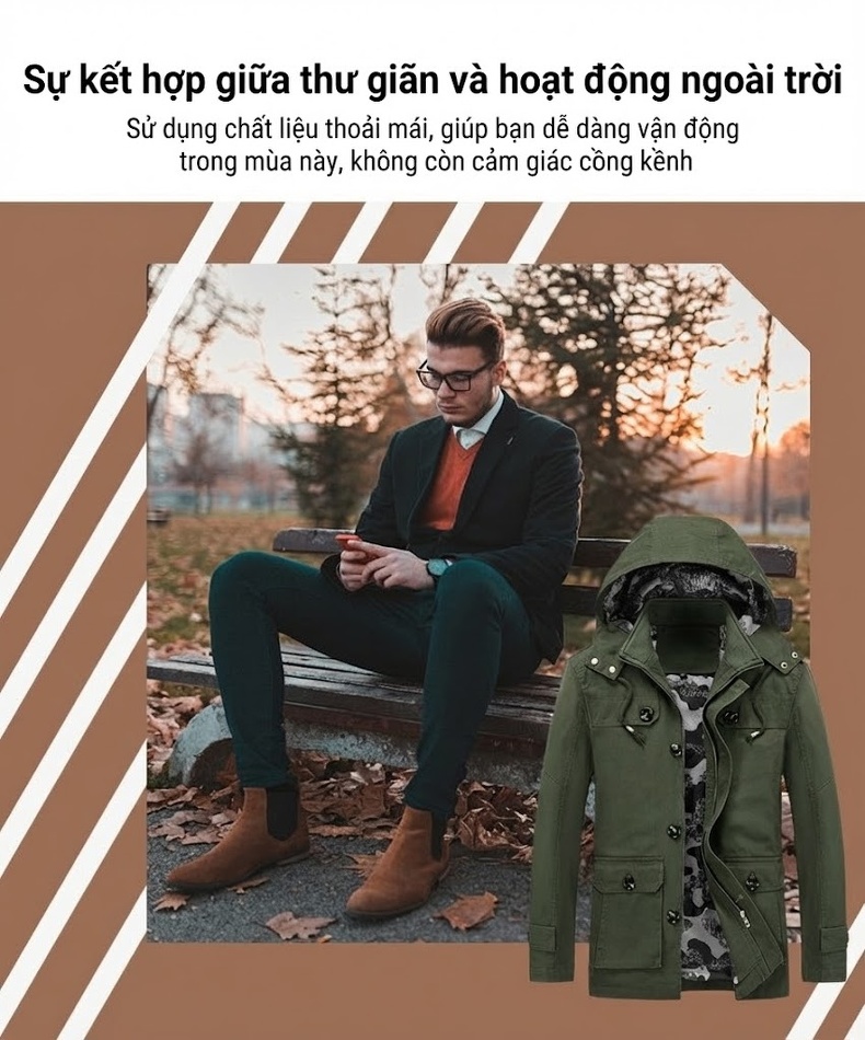 Áo Khoác Gió Nam Dáng Dài Vừa Vặn Có Mũ Trùm Đầu Phong Cách Casual Màu Be, Nâu, Xanh Lá, Đen chi tiết 2