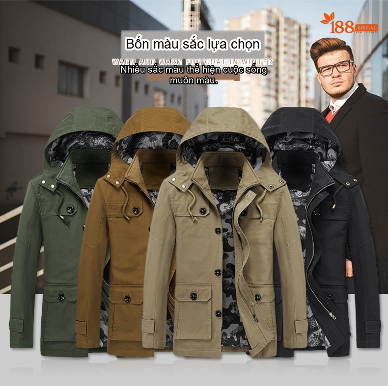 Áo Khoác Gió Nam Dáng Dài Vừa Vặn Có Mũ Trùm Đầu Phong Cách Casual Màu Be, Nâu, Xanh Lá, Đen chi tiết 7