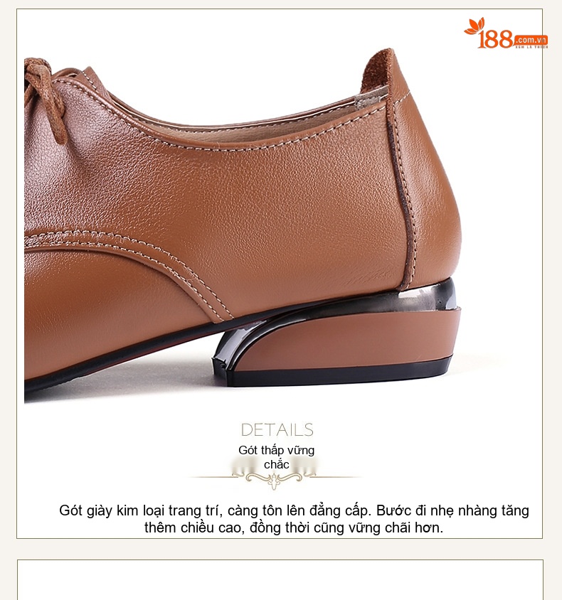 Giày Oxford Nữ Da Thật Buộc Dây Chiều Cao Đế Khoảng 2cm Màu Nâu, Đen, Trắng chi tiết 17