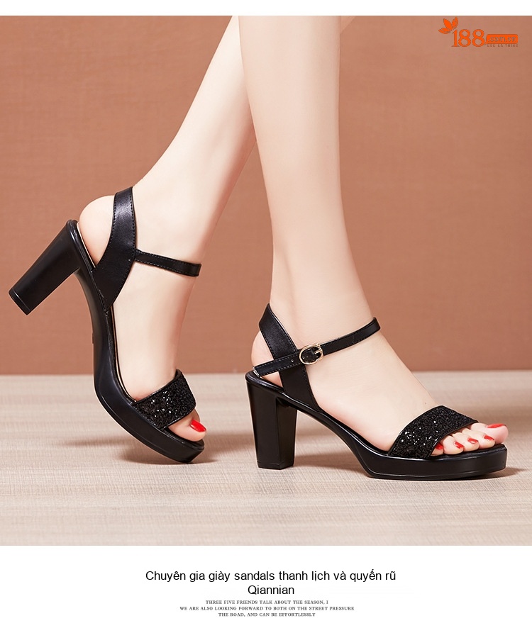 Giày Sandal Cao Gót Nữ Quai Ngang Đế Xuồng Gót Cao 8cm Màu Đen, Bạc, Vàng chi tiết 11