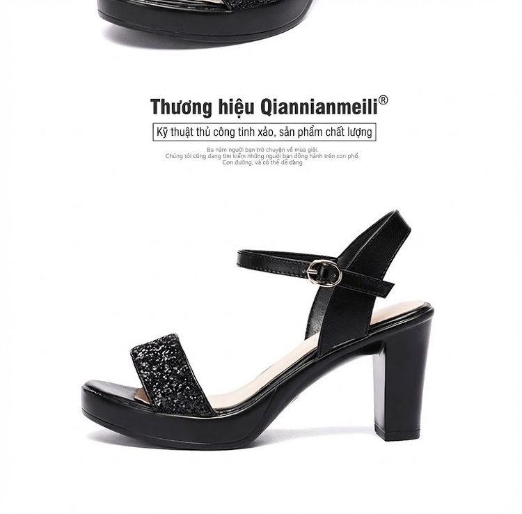 Giày Sandal Cao Gót Nữ Quai Ngang Đế Xuồng Gót Cao 8cm Màu Đen, Bạc, Vàng chi tiết 14