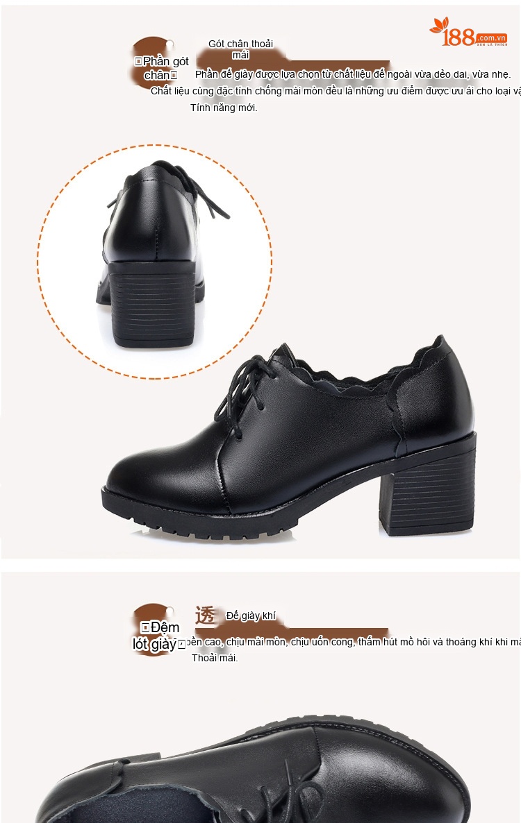 Giày Da Bò Nữ Cao Gót Chiều Cao Đế Khoảng 4cm Màu Đen, Đỏ chi tiết 4